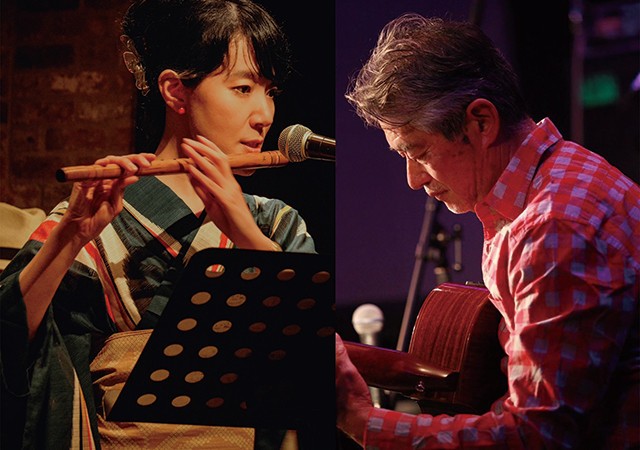 写真：柴田真依（篠笛・唄）、木村純（ボサノバギタリスト）